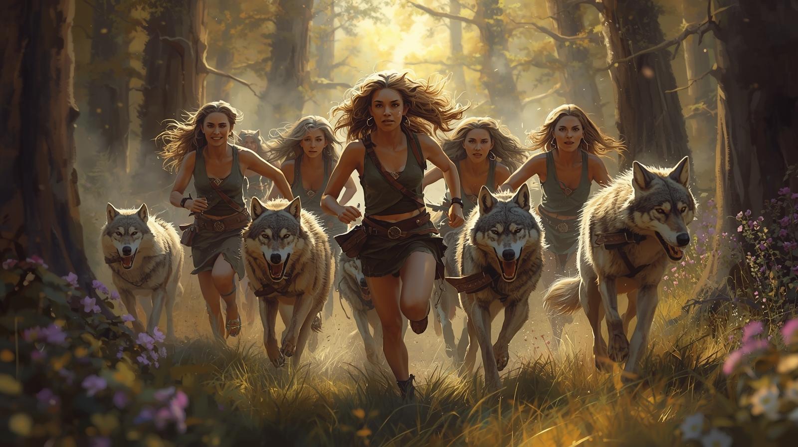 crie imagem de mulheres e lobos correndo na floresta, sensação de liberdade.jpg